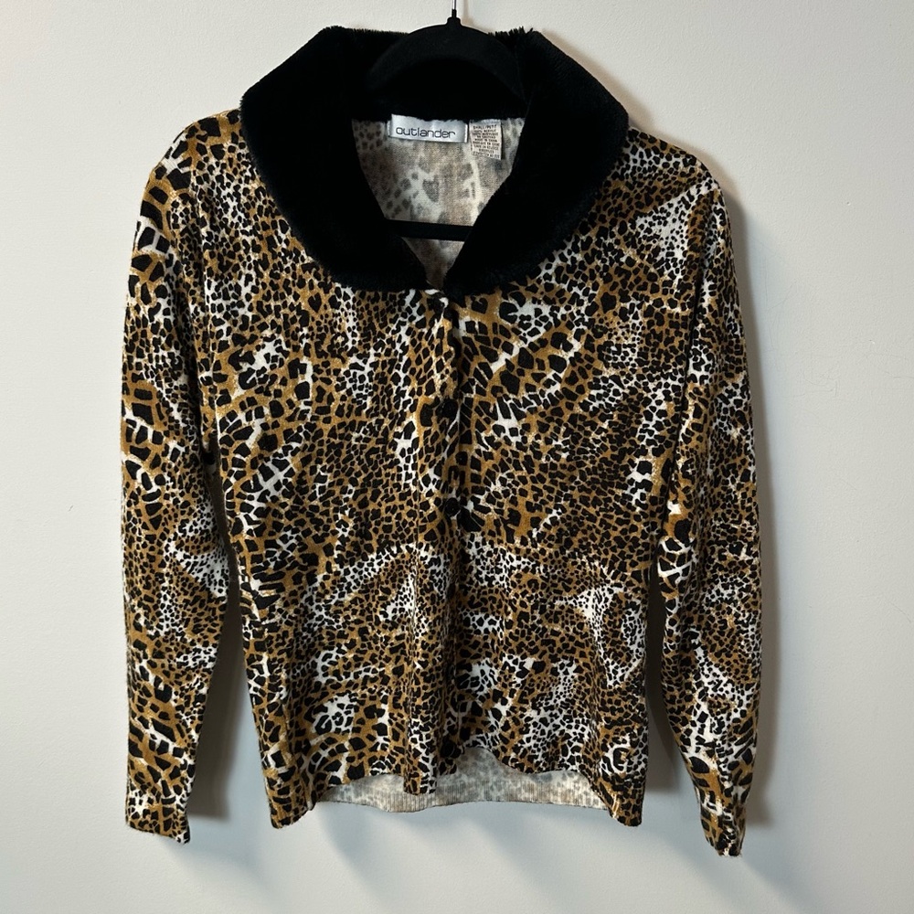 Y2K OUTLANDER women's leopard print cardigan faux fur collar, S.